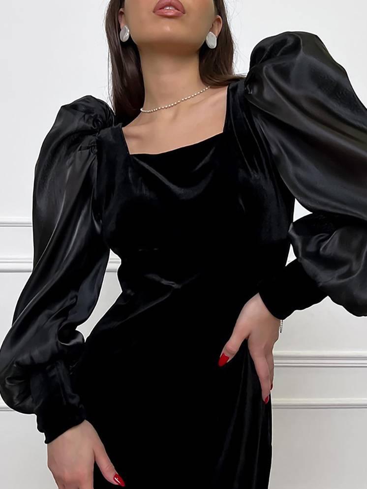 Aurohaya Square Neck Bubble Sleeve Front Slit Dress