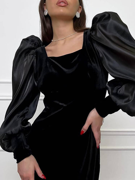 Aurohaya Square Neck Bubble Sleeve Front Slit Dress