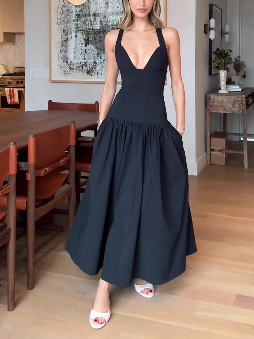 Aurohaya Exquisite Peplum Drop Waist Midi Dress Black