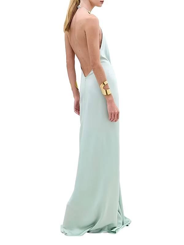 Aurohaya Deep V Halter-Neck Backless Metal Buckle Decoration Maxi Dress