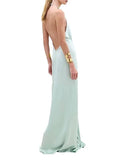 Aurohaya Deep V Halter-Neck Backless Metal Buckle Decoration Maxi Dress