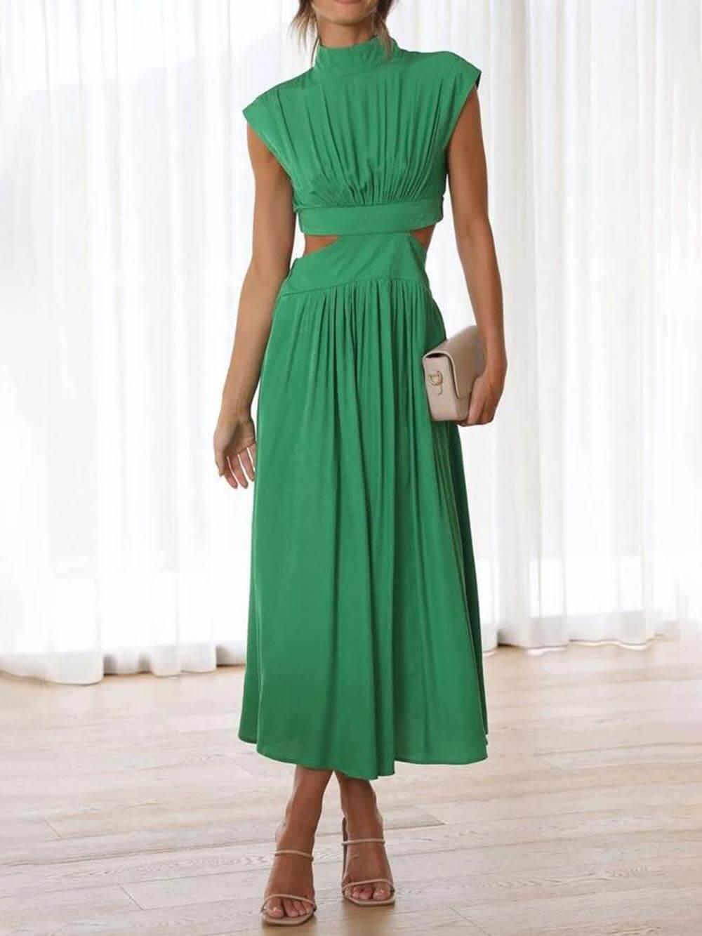 Aurohaya Cutout Waist Pocketed Vacation Midi Dress Green