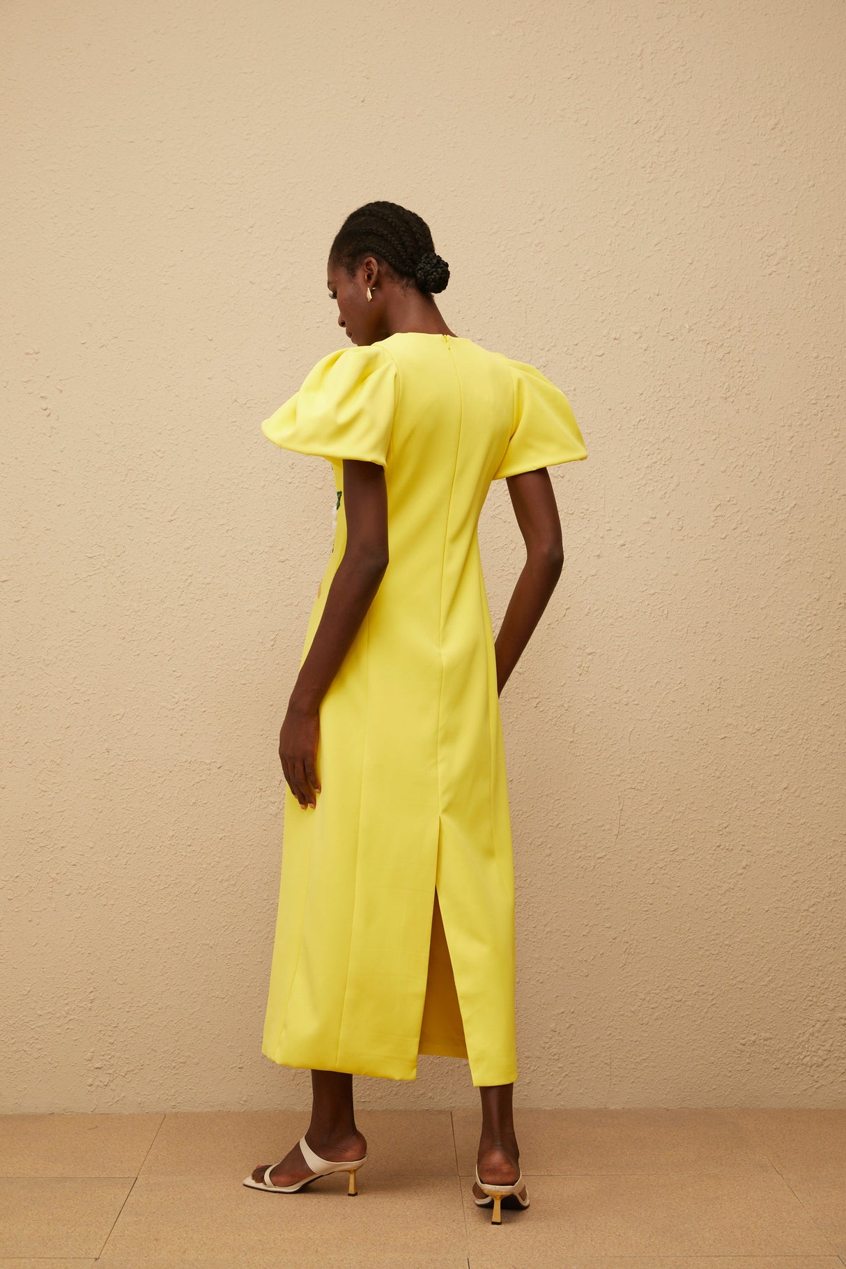 Aurohaya Yrjö Yellow Floral Embroidered Midi Dress