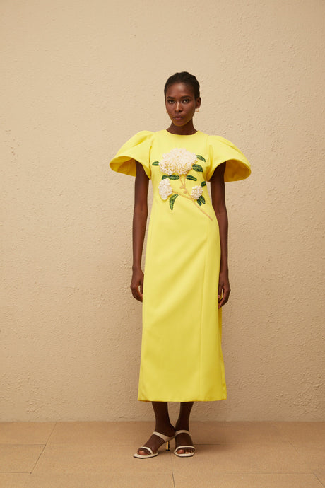 Aurohaya Yrjö Yellow Floral Embroidered Midi Dress