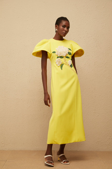 Aurohaya Yrjö Yellow Floral Embroidered Midi Dress