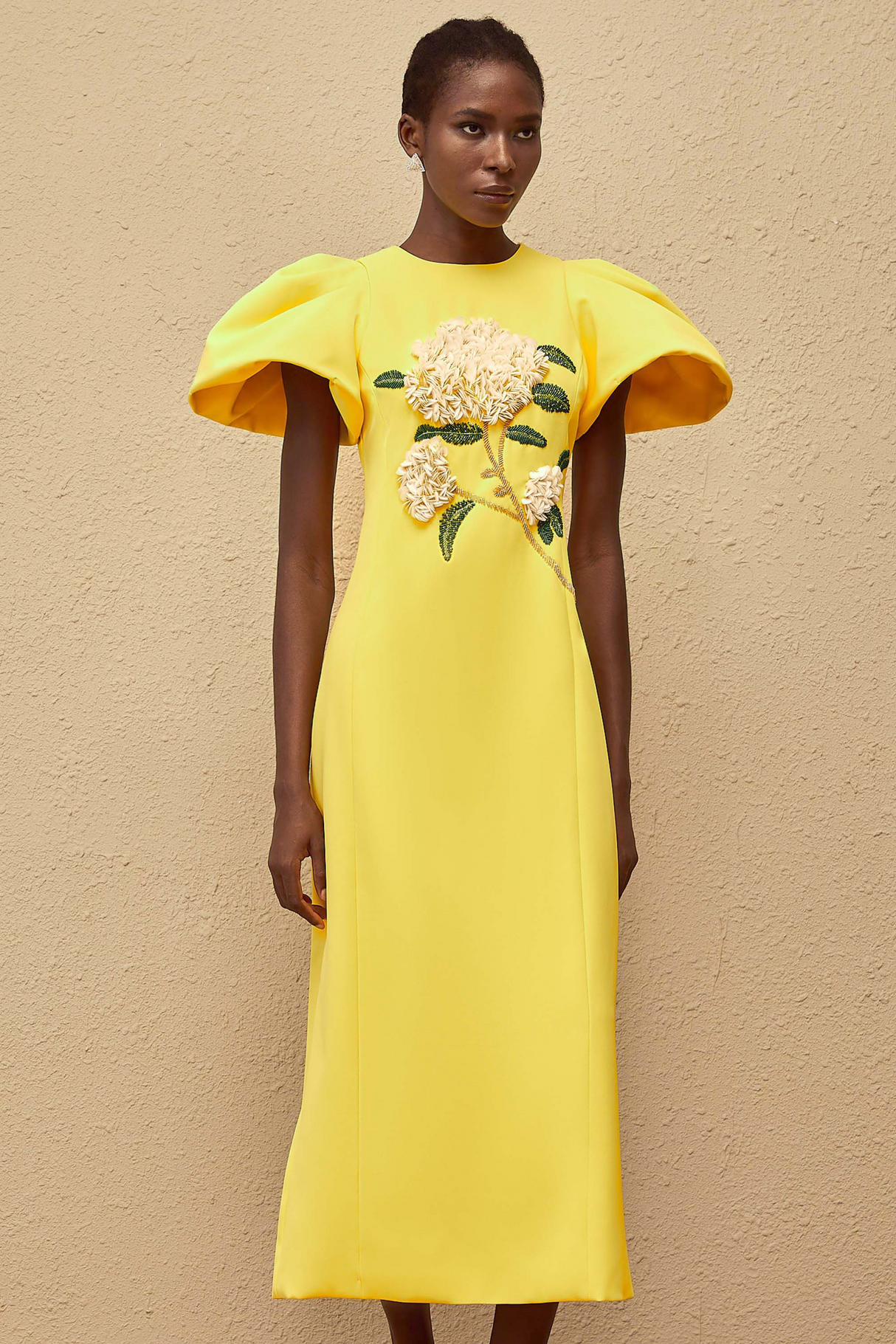 Aurohaya Yrjö Yellow Floral Embroidered Midi Dress