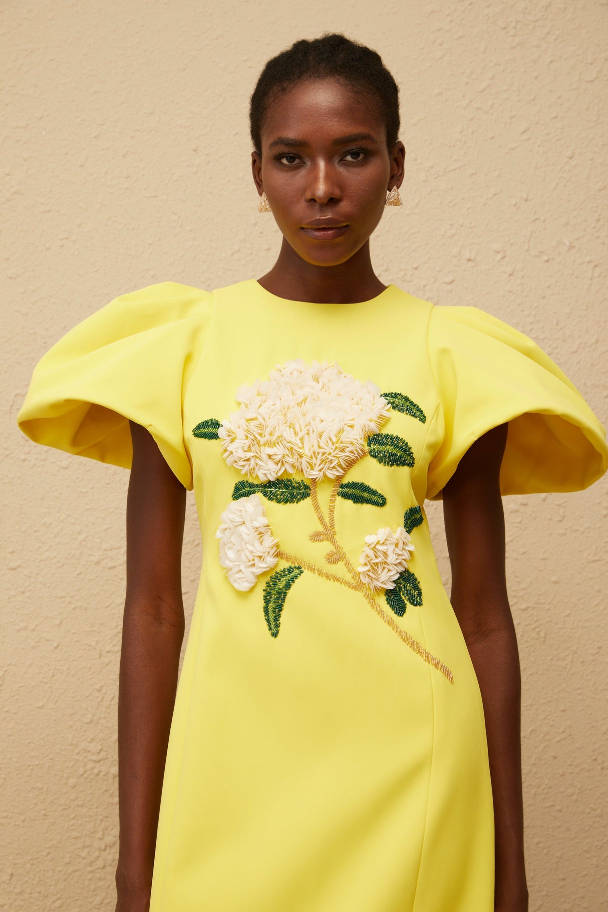 Aurohaya Yrjö Yellow Floral Embroidered Midi Dress