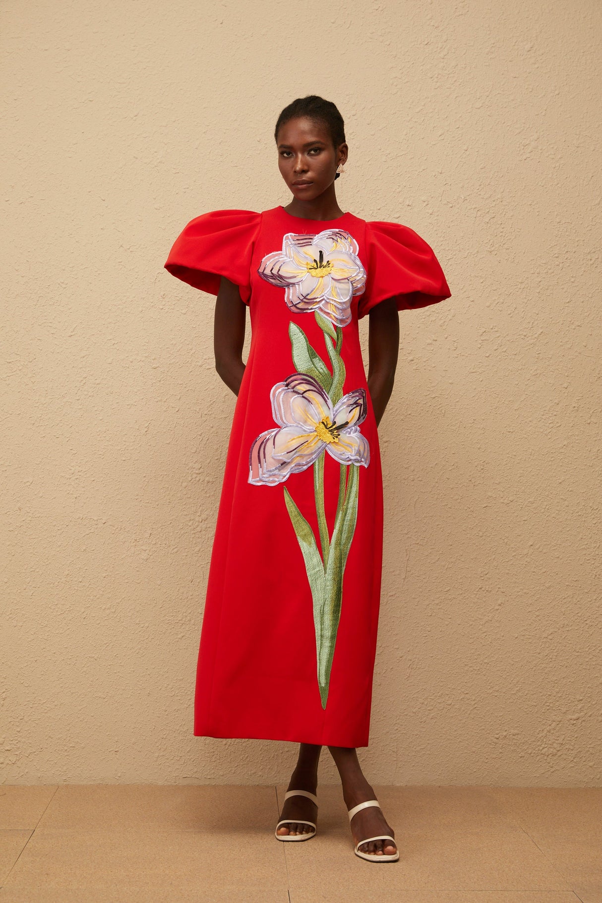 Aurohaya Irène Red Sequined Floral Embroidered Midi Dress