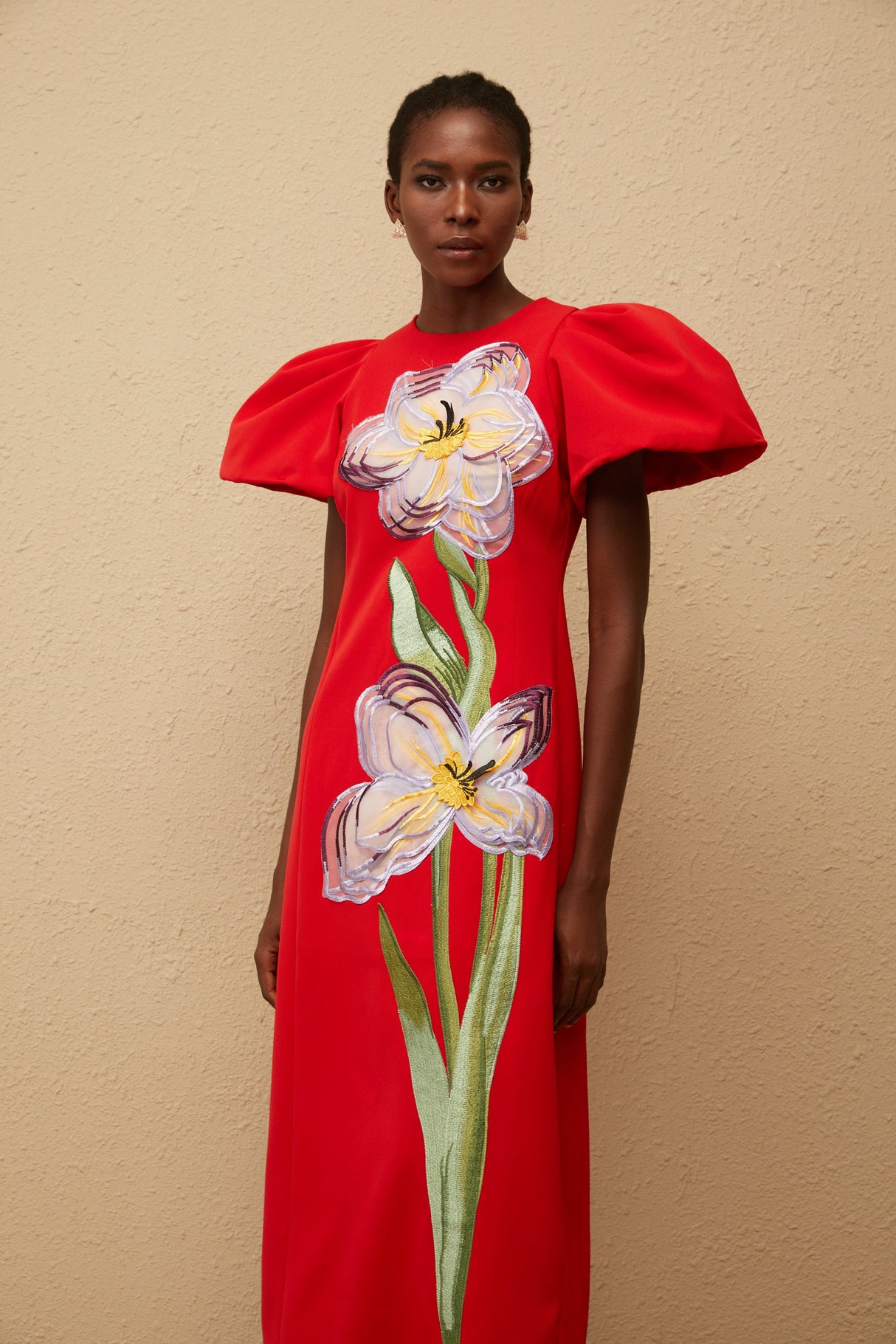 Aurohaya Irène Red Sequined Floral Embroidered Midi Dress