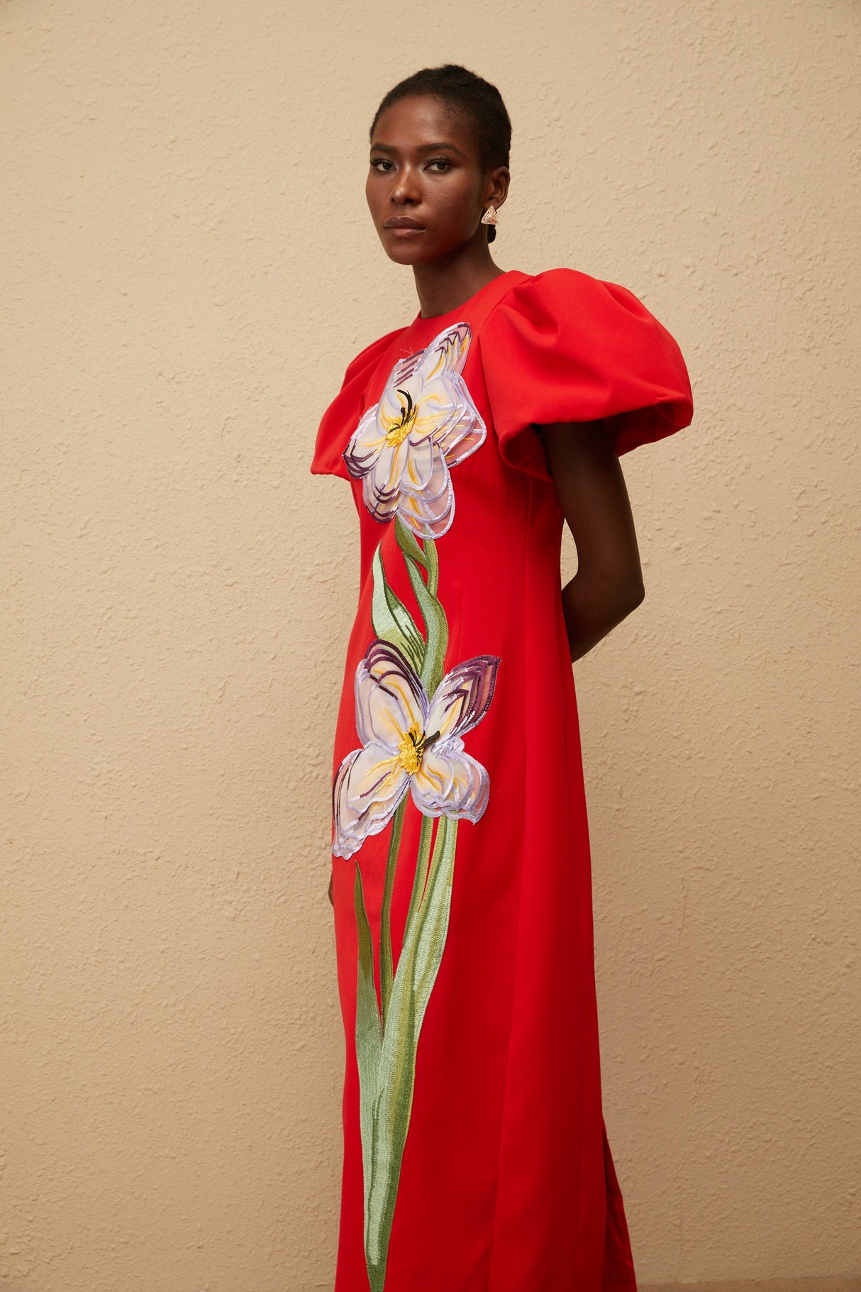 Aurohaya Irène Red Sequined Floral Embroidered Midi Dress