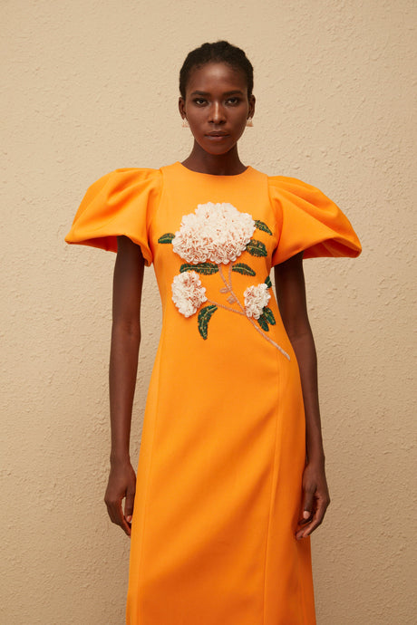 Aurohaya Yrjö Orange Floral Embroidered Midi Dress