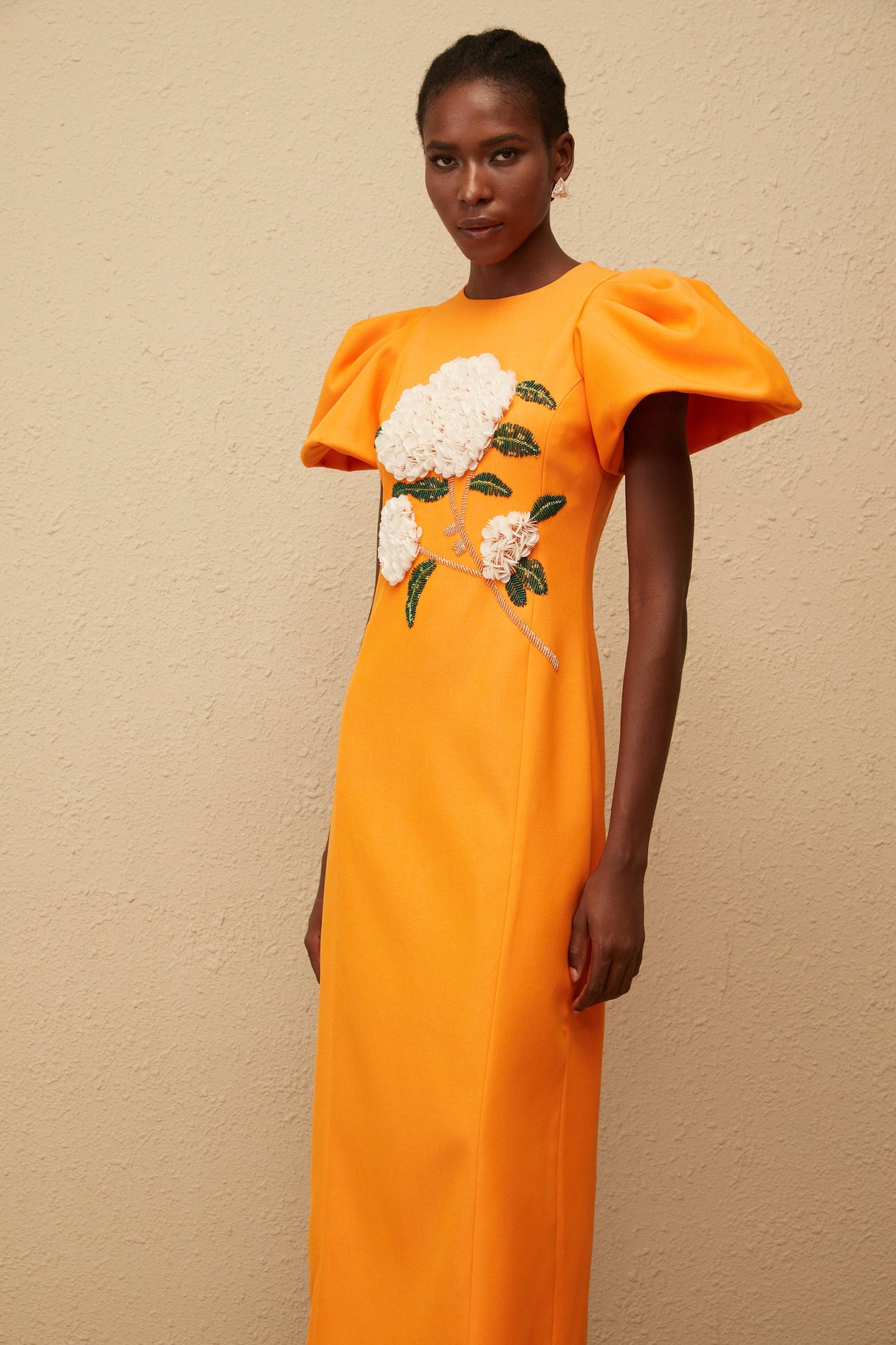 Aurohaya Yrjö Orange Floral Embroidered Midi Dress