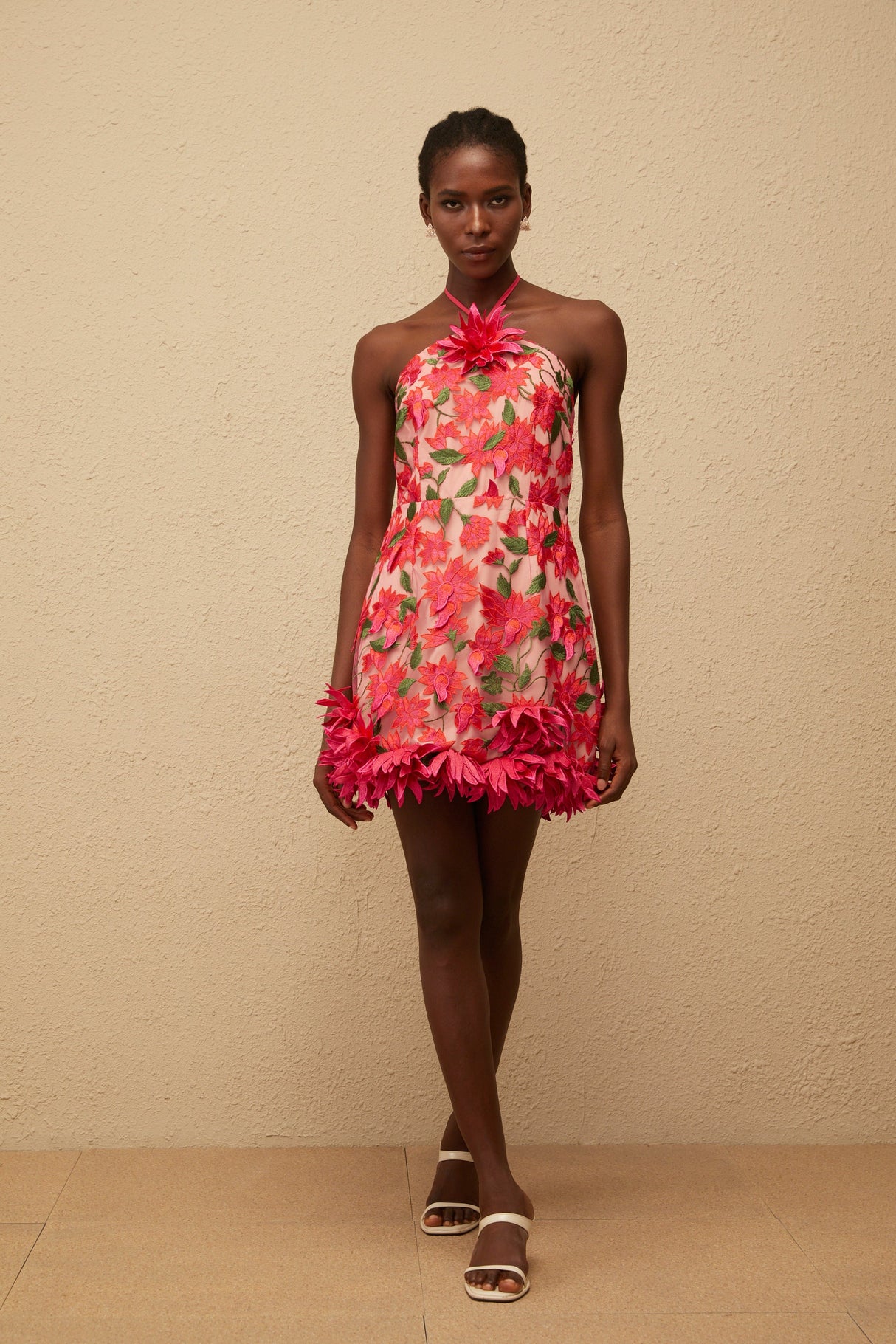 Aurohaya Doriane Red Halterneck Floral Embroidered Mini Dress