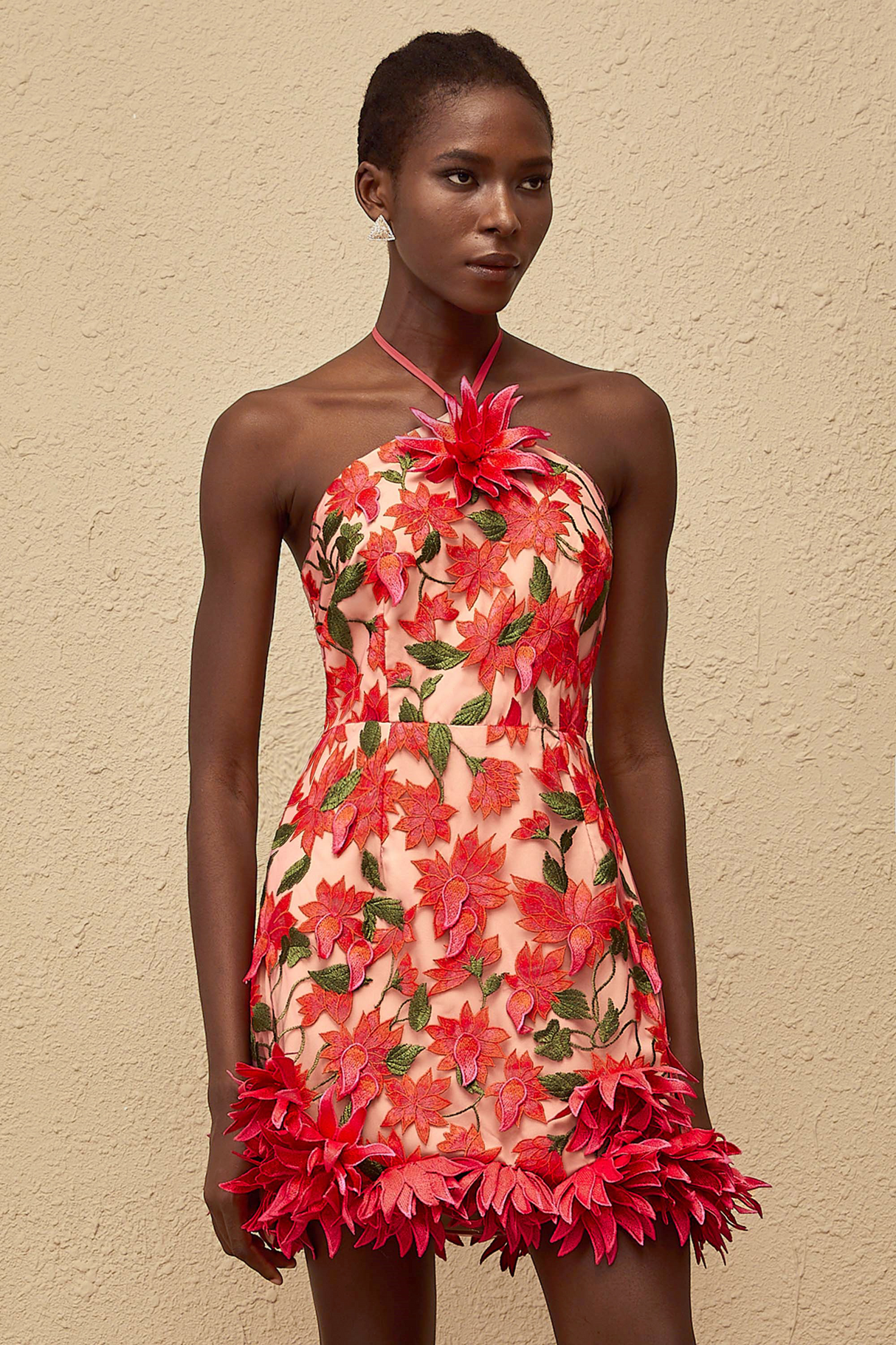 Aurohaya Doriane Red Halterneck Floral Embroidered Mini Dress