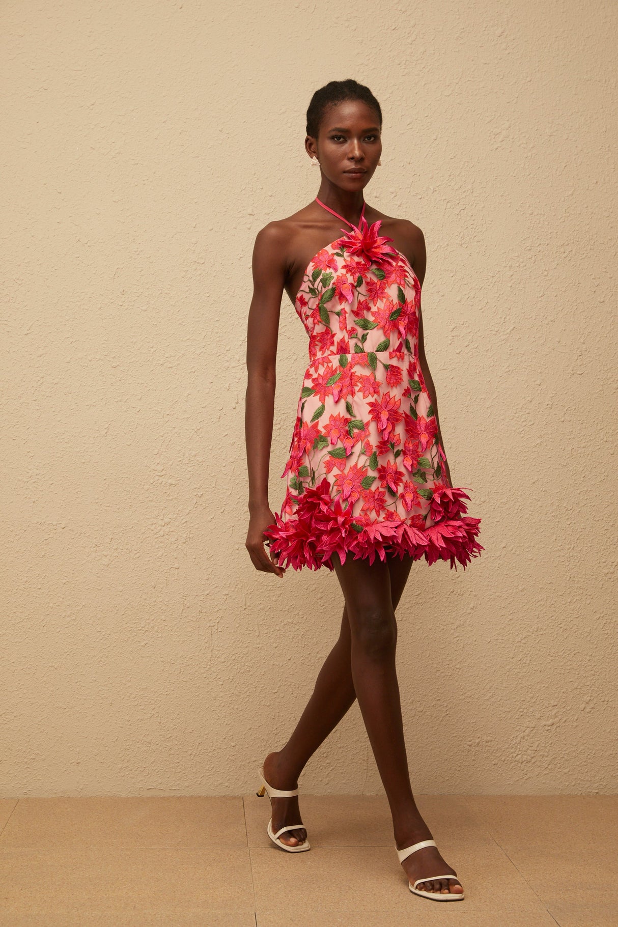 Aurohaya Doriane Red Halterneck Floral Embroidered Mini Dress