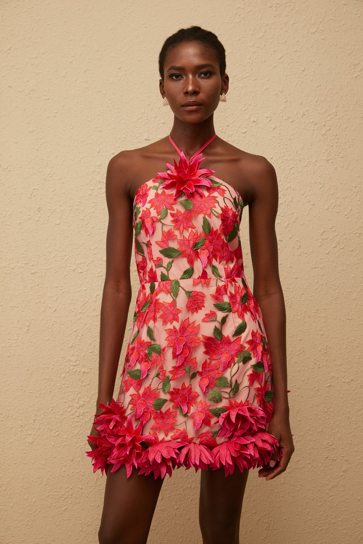 Aurohaya Doriane Red Halterneck Floral Embroidered Mini Dress