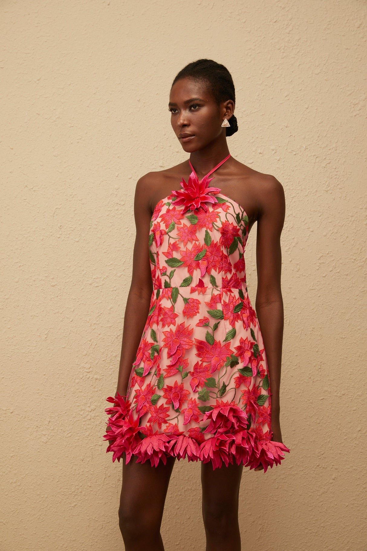 Aurohaya Doriane Red Halterneck Floral Embroidered Mini Dress