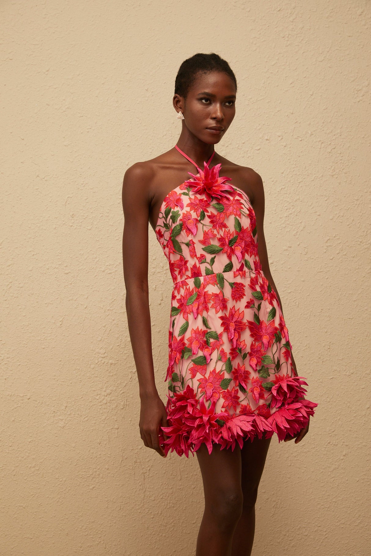 Aurohaya Doriane Red Halterneck Floral Embroidered Mini Dress