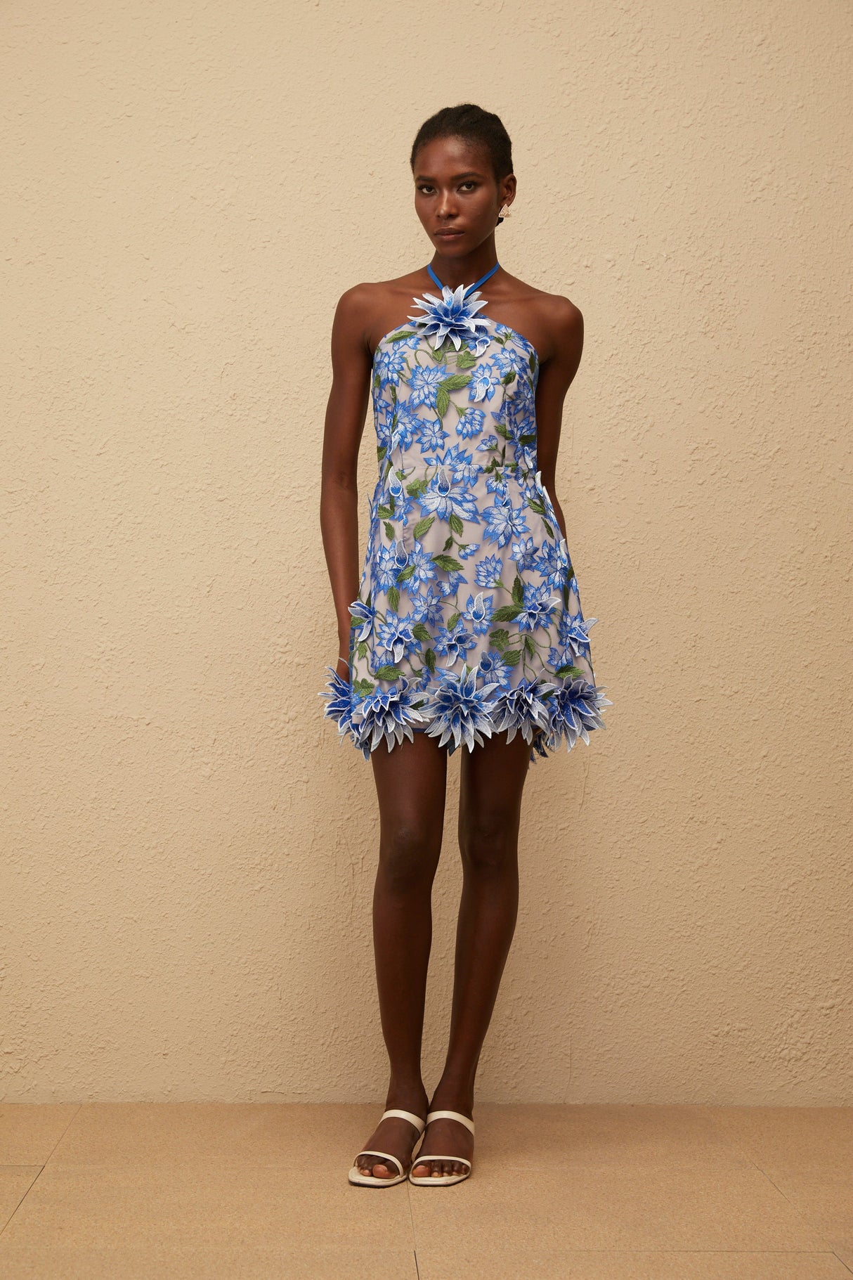 Aurohaya Doriane Blue Halterneck Floral Embroidered Mini Dress