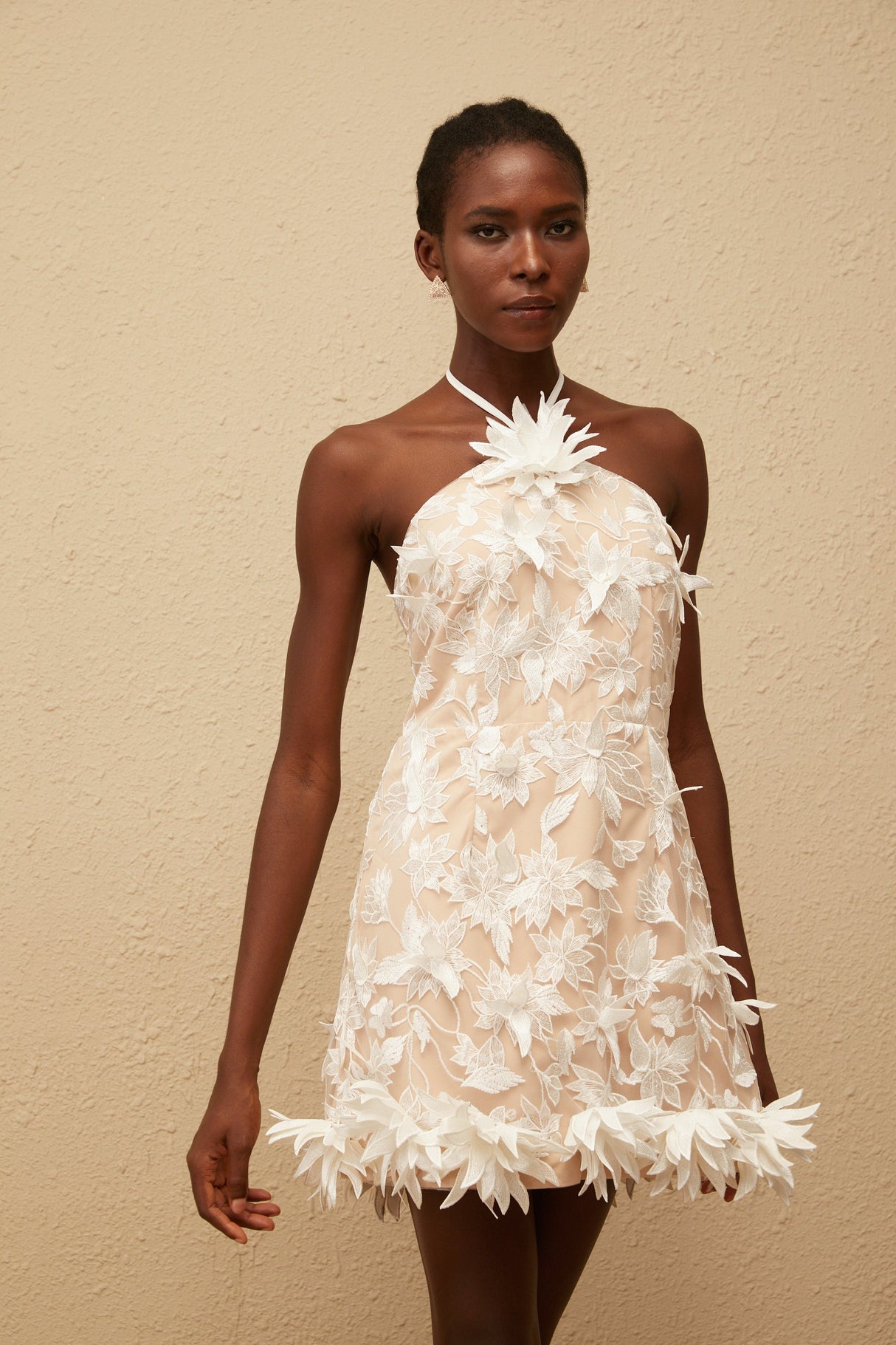 Aurohaya Doriane White Halterneck Floral Embroidered Mini Dress
