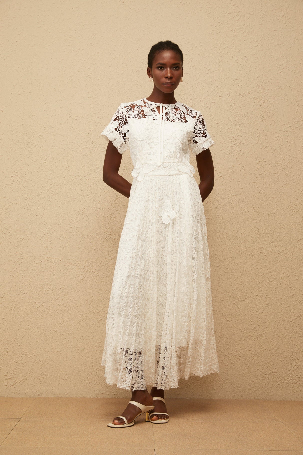 Aurohaya Victoire White Butterfly Appliqué Lace Maxi Dress