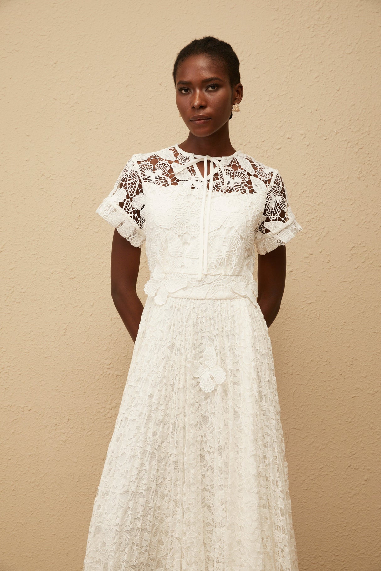 Aurohaya Victoire White Butterfly Appliqué Lace Maxi Dress
