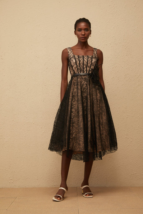 Aurohaya Sandrine Black Floral Lace Midi Dress
