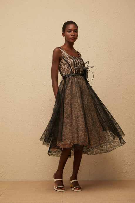 Aurohaya Sandrine Black Floral Lace Midi Dress