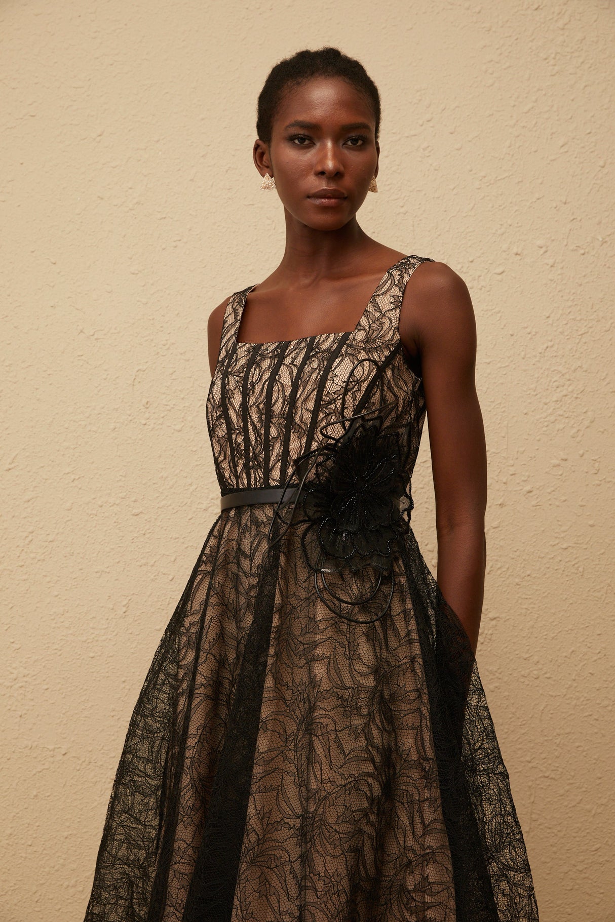 Aurohaya Sandrine Black Floral Lace Midi Dress