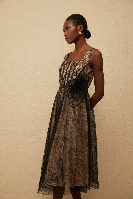 Aurohaya Sandrine Black Floral Lace Midi Dress