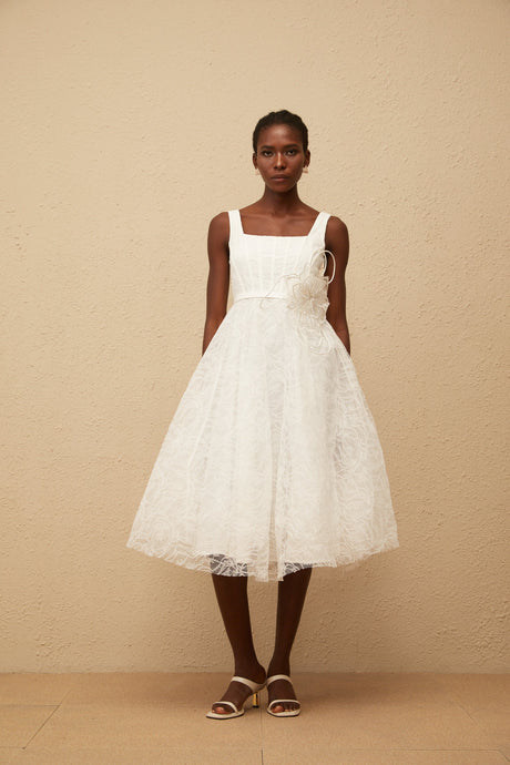 Aurohaya Sandrine White Floral Lace Midi Dress