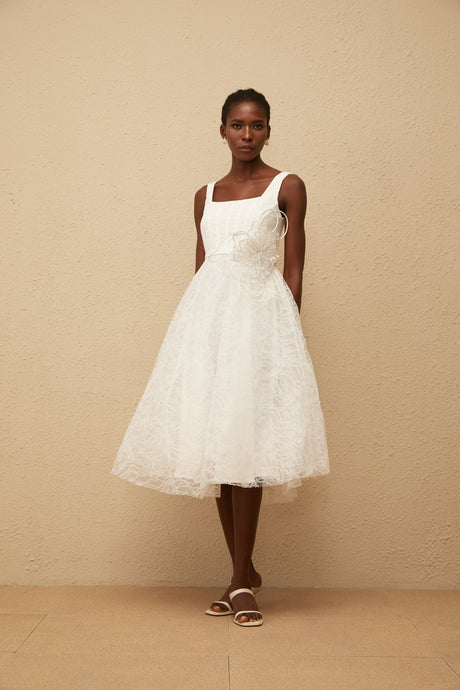 Aurohaya Sandrine White Floral Lace Midi Dress