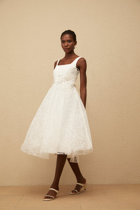 Aurohaya Sandrine White Floral Lace Midi Dress