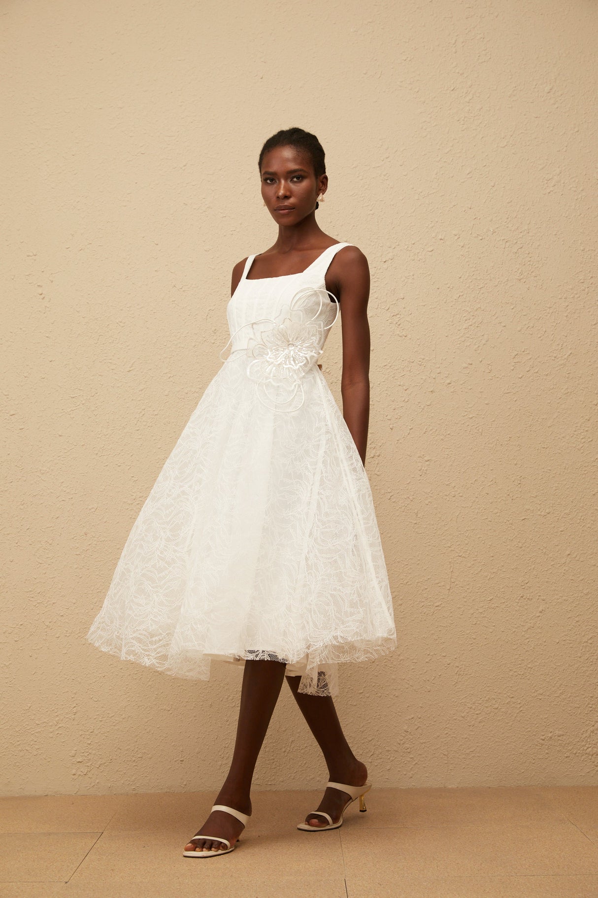 Aurohaya Sandrine White Floral Lace Midi Dress