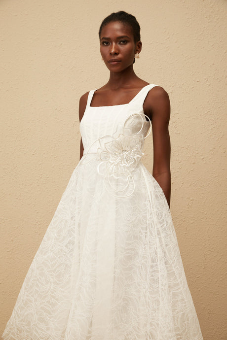 Aurohaya Sandrine White Floral Lace Midi Dress