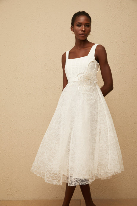 Aurohaya Sandrine White Floral Lace Midi Dress
