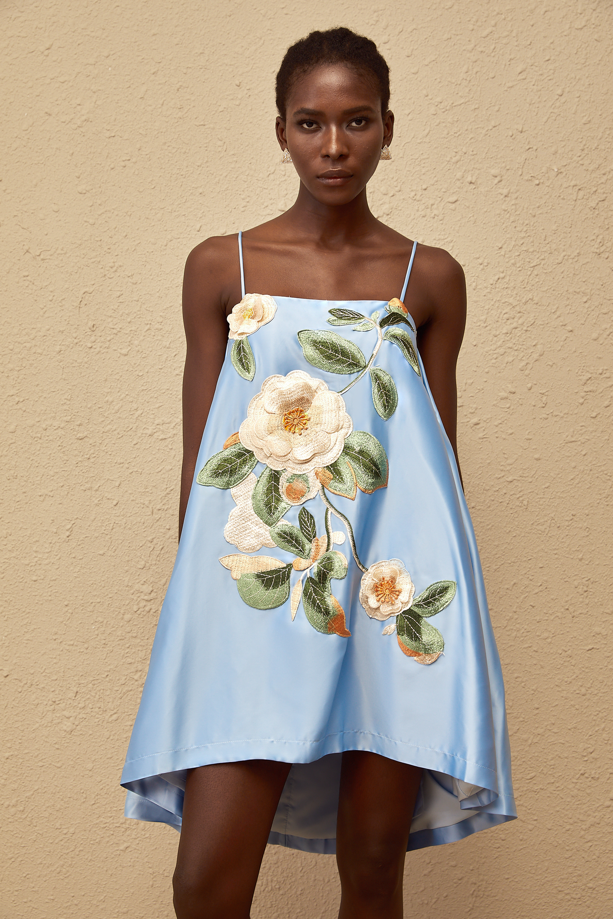 Aurohaya Avril Blue Floral Embroidered Satin Mini Dress
