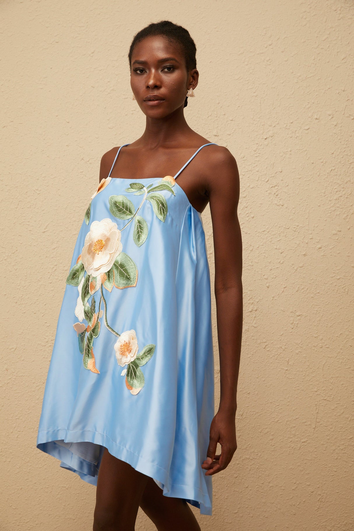 Aurohaya Avril Blue Floral Embroidered Satin Mini Dress
