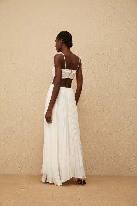 Aurohaya Bérénice White Cut Out Pleated Maxi Dress