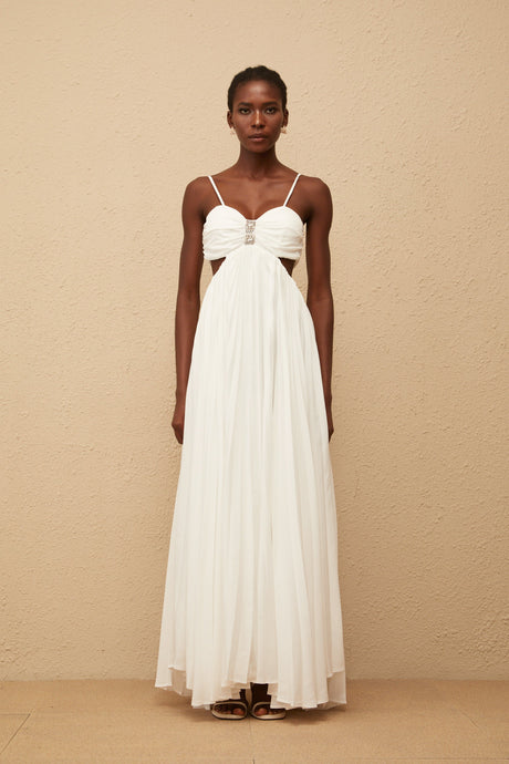 Aurohaya Bérénice White Cut Out Pleated Maxi Dress