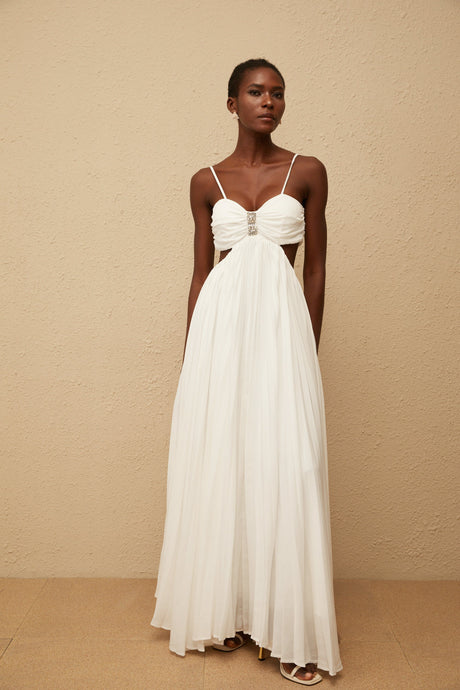 Aurohaya Bérénice White Cut Out Pleated Maxi Dress