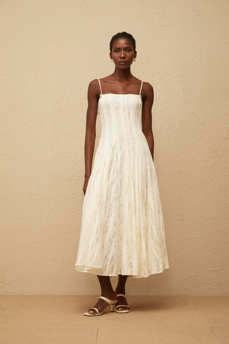 Aurohaya Coralie White Pleated Lace Midi Dress