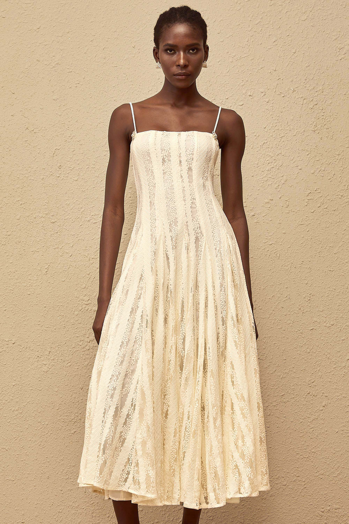 Aurohaya Coralie White Pleated Lace Midi Dress