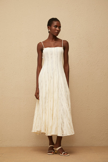 Aurohaya Coralie White Pleated Lace Midi Dress