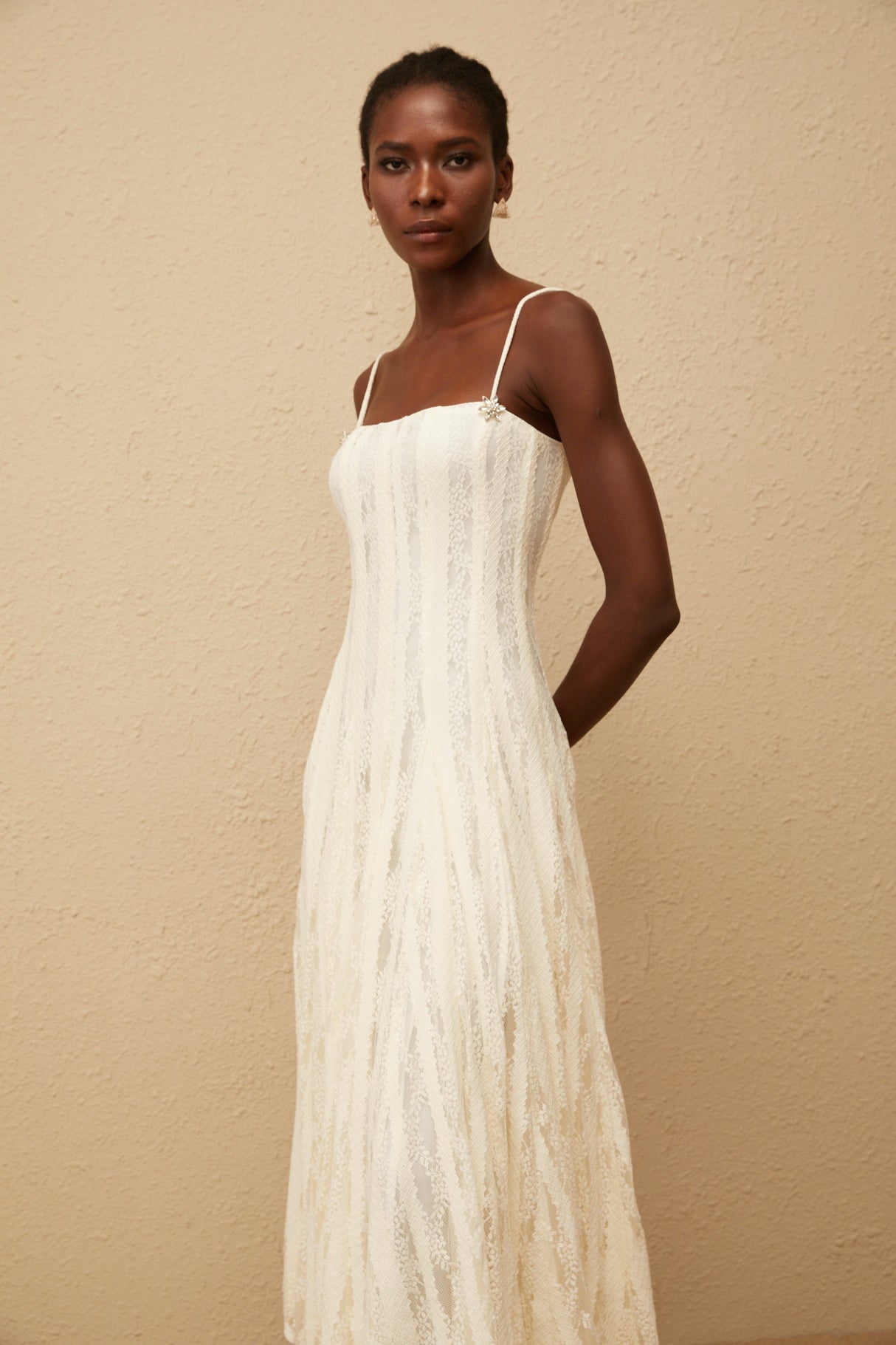 Aurohaya Coralie White Pleated Lace Midi Dress
