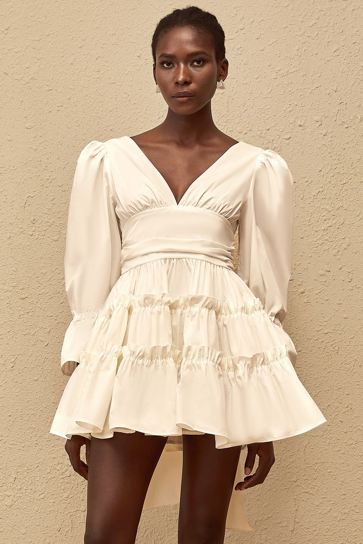 Aurohaya Jutta White Bowknot Shirred Mini Dress