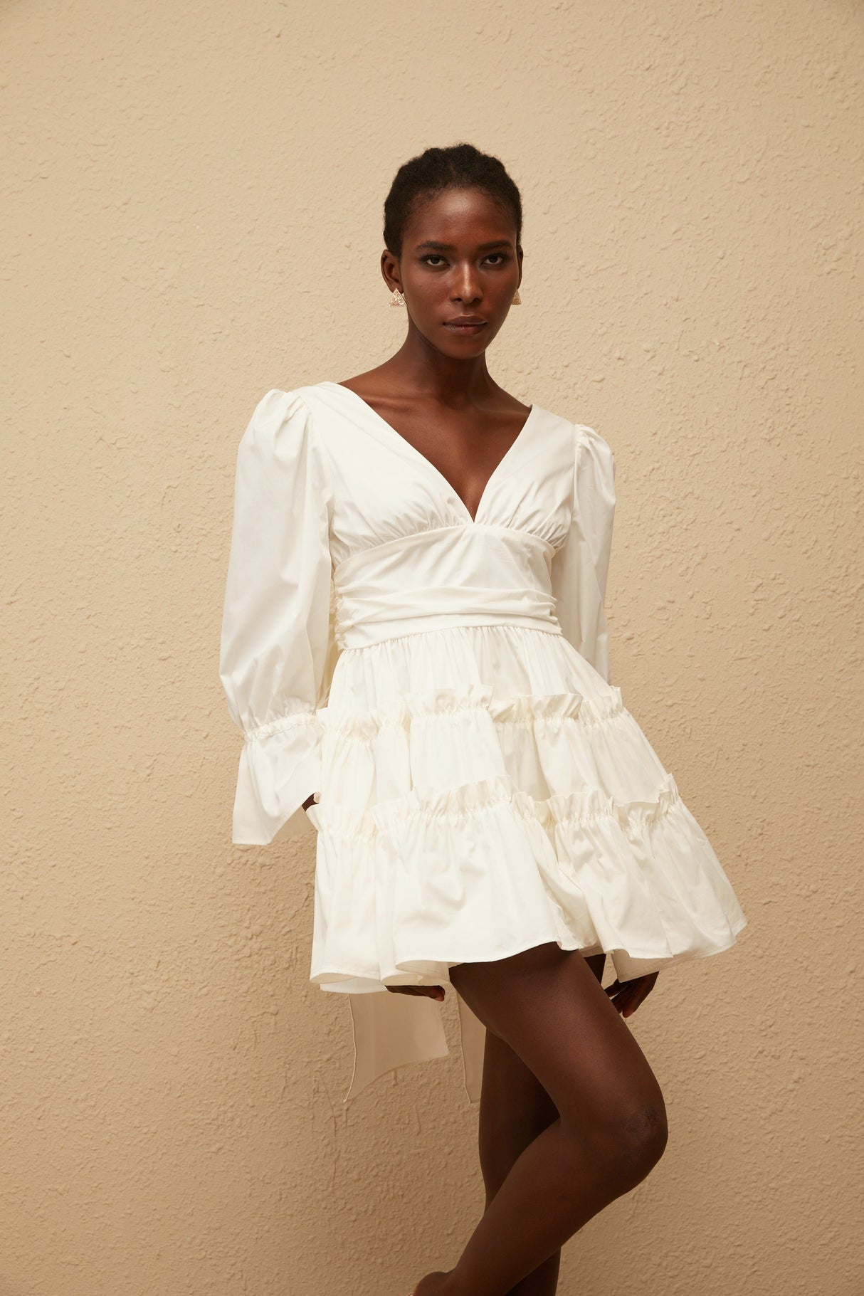 Aurohaya Jutta White Bowknot Shirred Mini Dress