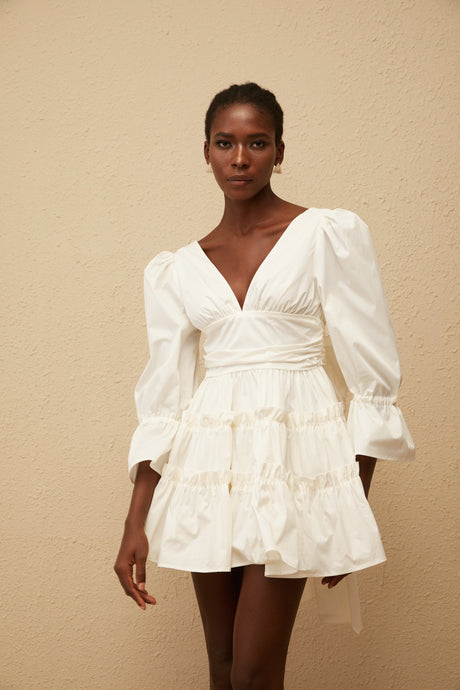 Aurohaya Jutta White Bowknot Shirred Mini Dress