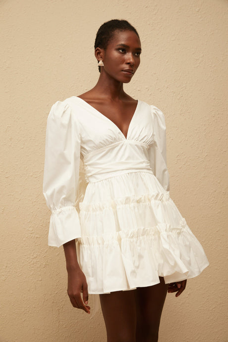 Aurohaya Jutta White Bowknot Shirred Mini Dress