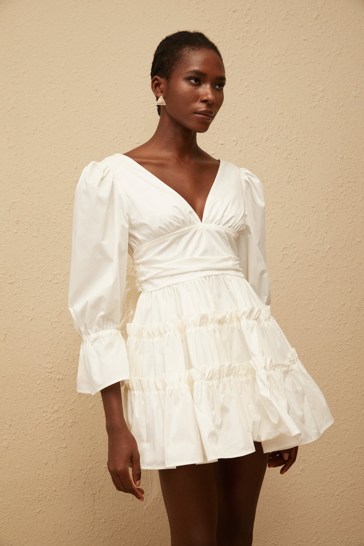 Aurohaya Jutta White Bowknot Shirred Mini Dress